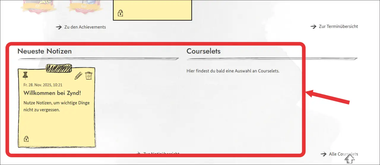 Bildschirm-Foto von der Anmelde-Startseite. Die Bereiche neueste Notizen und Courselets sind rot umrandet. Ein Pfeil zeigt darauf.