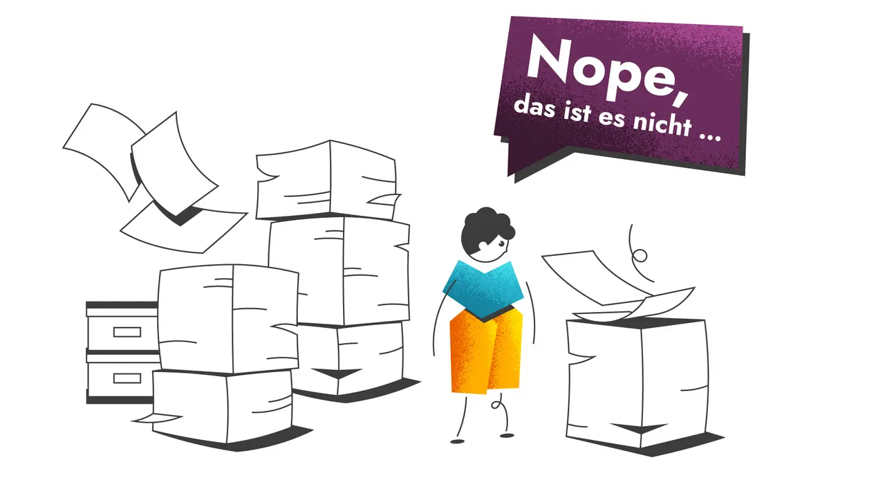 Ratlose Figur, die umgeben ist von hohen Papierstapeln