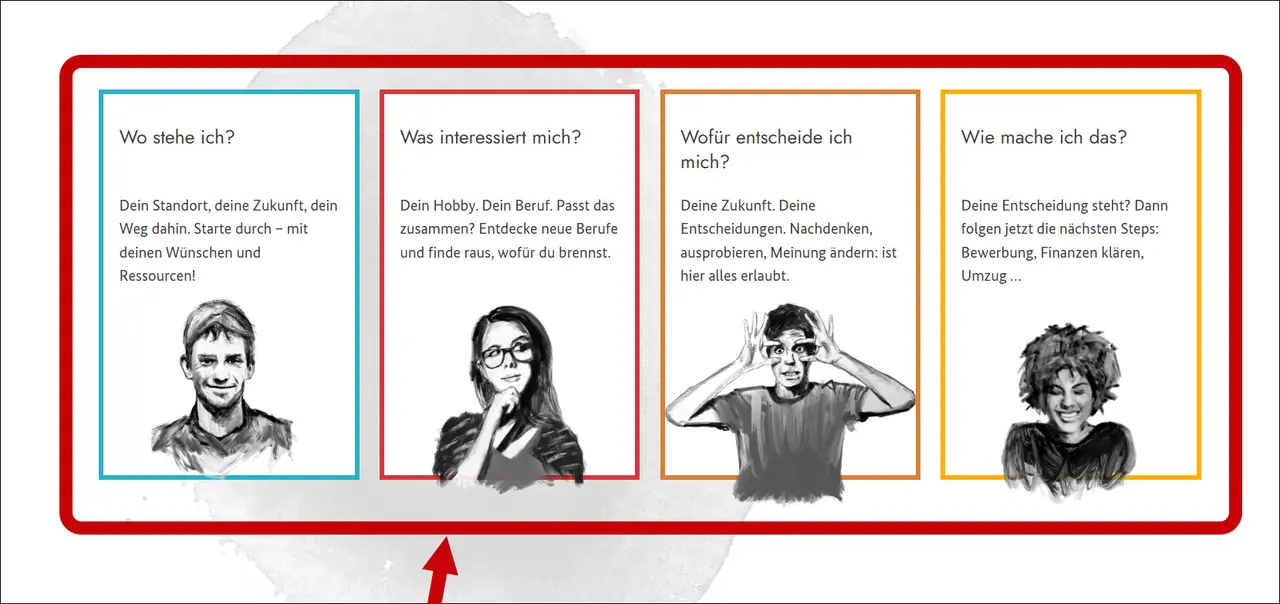 Bildschirm-Foto von der Startseite. Die Bereiche weiter unten auf der Startseite mit den Farben und den Personen sind rot umrandet. Ein Pfeil zeigt darauf.