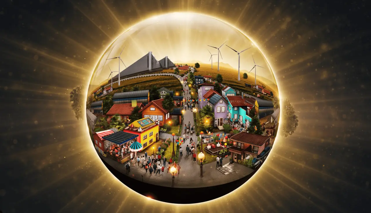 KI-generiertes Bild: Eine mystische, gold leuchtende Glaskugel, in der das „Dorf der Zukunft“ zu sehen ist.