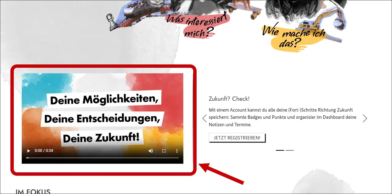 Bildschirm-Foto von der Startseite. Das Erklärvideo ist rot umrandet. Ein Pfeil zeigt darauf.