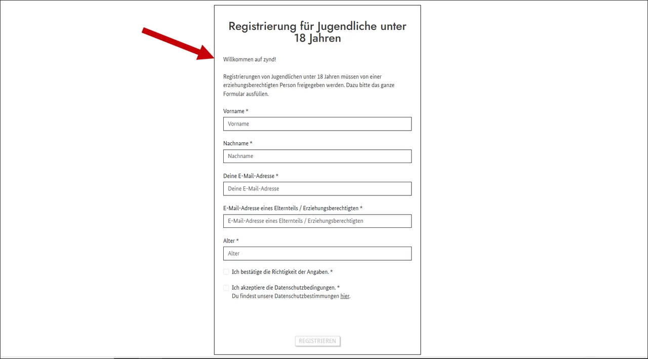 Bildschirm-Foto von der Registrierungsseite. Ein Pfeil zeigt auf das Formular.