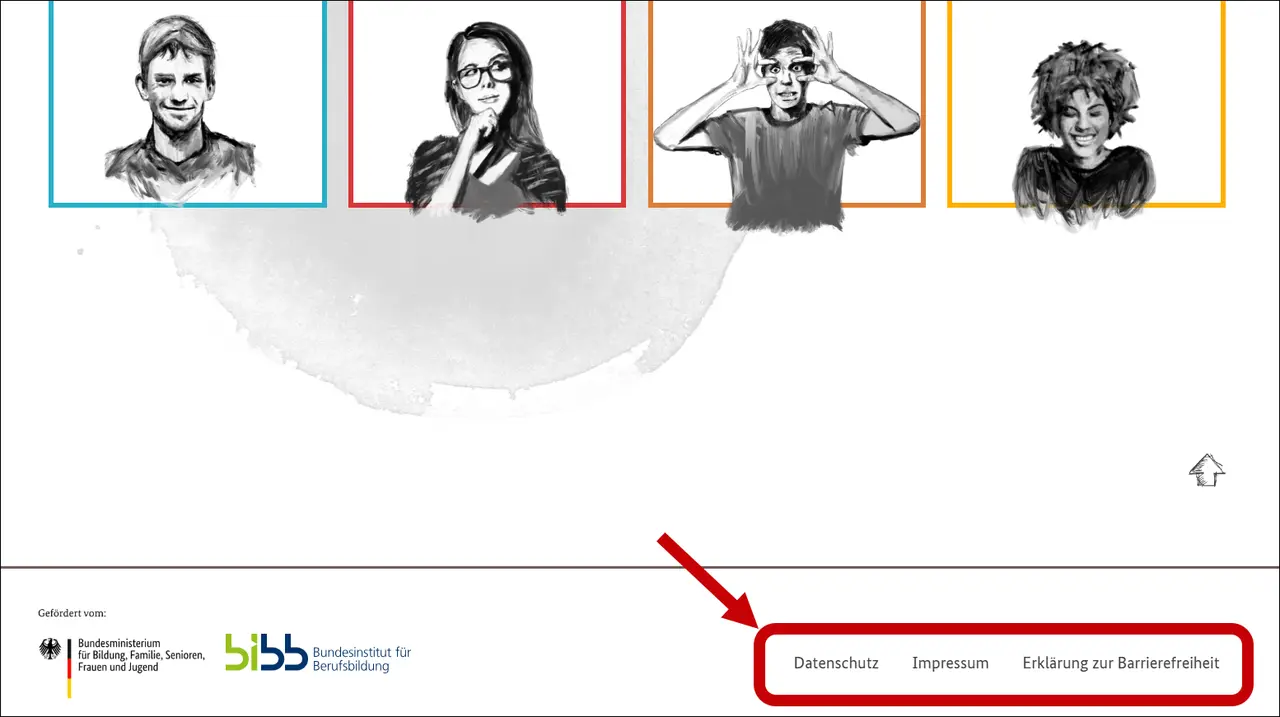 Bildschirm-Foto von der Startseite. Die Bereiche Datenschutz, Impressum und Erklärung zur Barrierefreiheit sind rot umrandet. Ein Pfeil zeigt darauf.