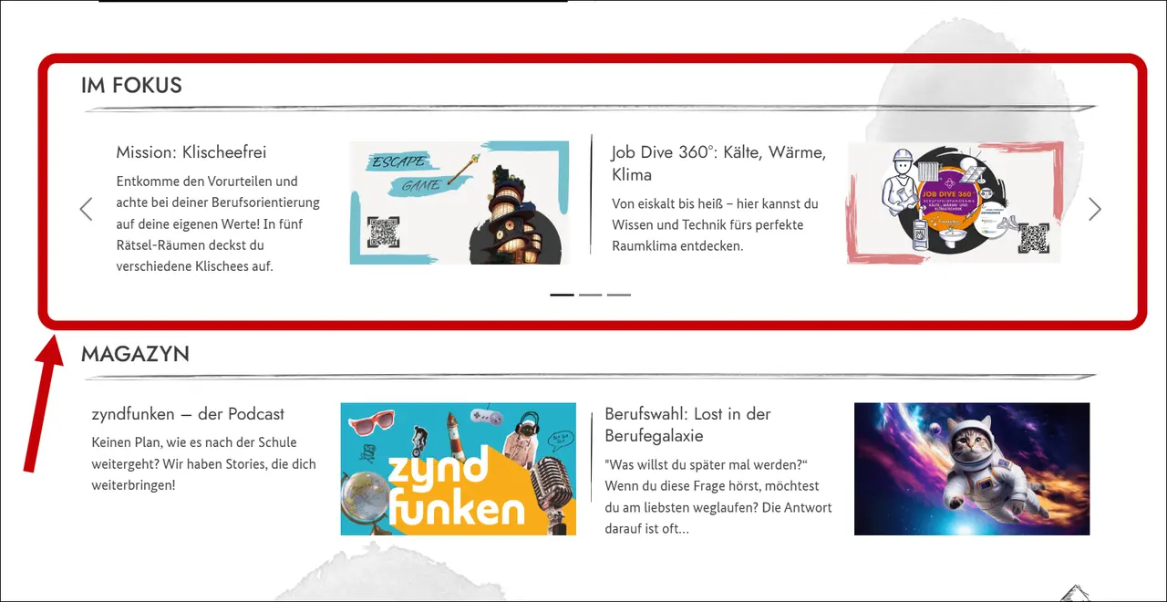 Bildschirm-Foto von der Startseite. Der Bereich im Fokus ist rot umrandet. Ein Pfeil zeigt darauf.