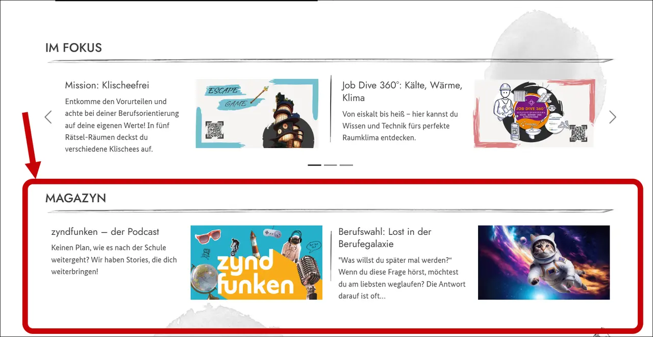 Bildschirm-Foto von der Startseite. Der Bereich Magazin ist rot umrandet. Ein Pfeil zeigt darauf.