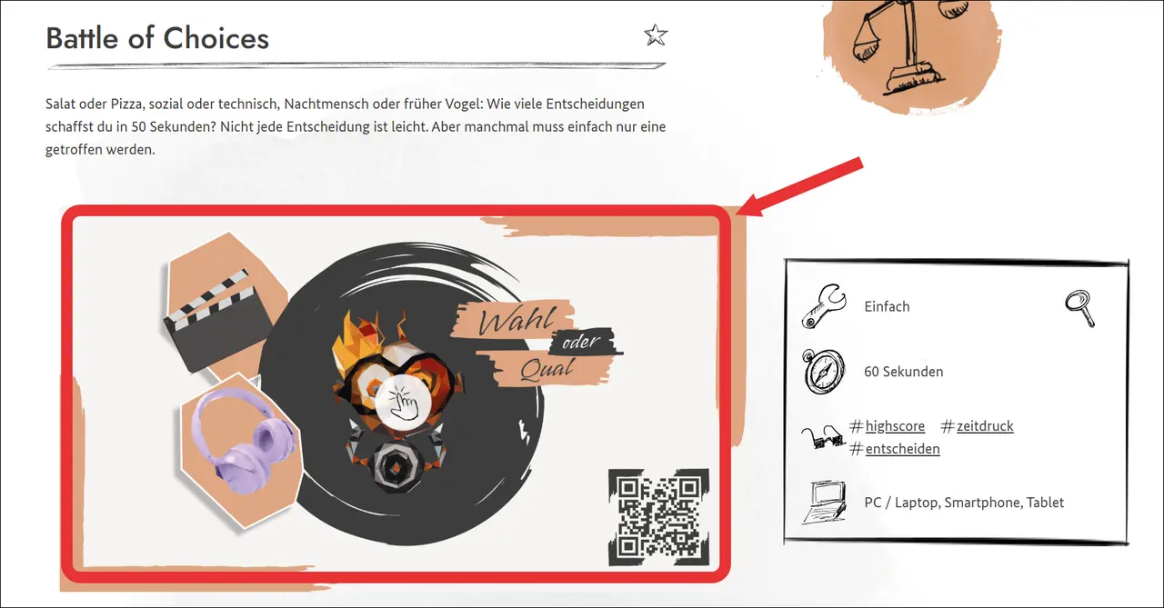 Bildschirm-Foto von einem Playlet. Das Bild, mit dem man das Playlet starten kann ist rot umrandet. Ein Pfeil zeigt darauf.