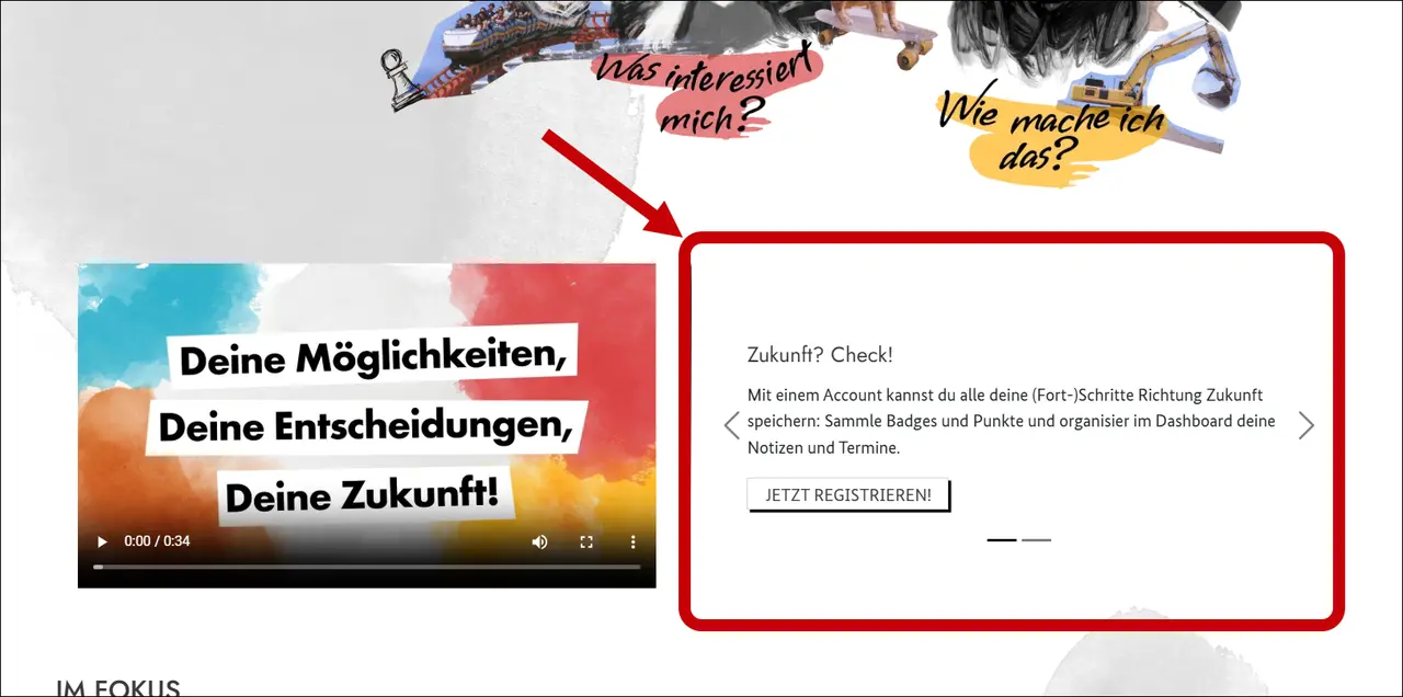 Bildschirm-Foto von der Startseite. Ein Text mit dem Feld jetzt Registrieren ist rot umrandet. Ein Pfeil zeigt darauf.