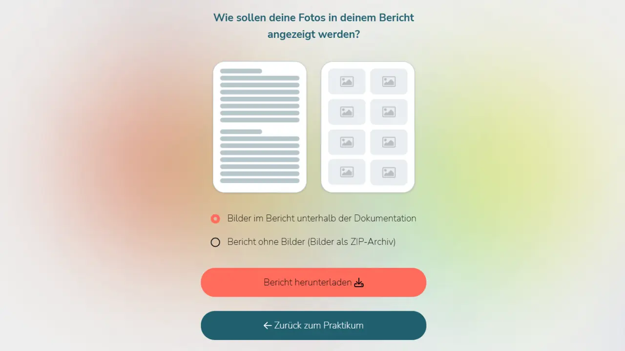 Auswahl Layout Text und Bild für den Praktikumsbericht in preezy