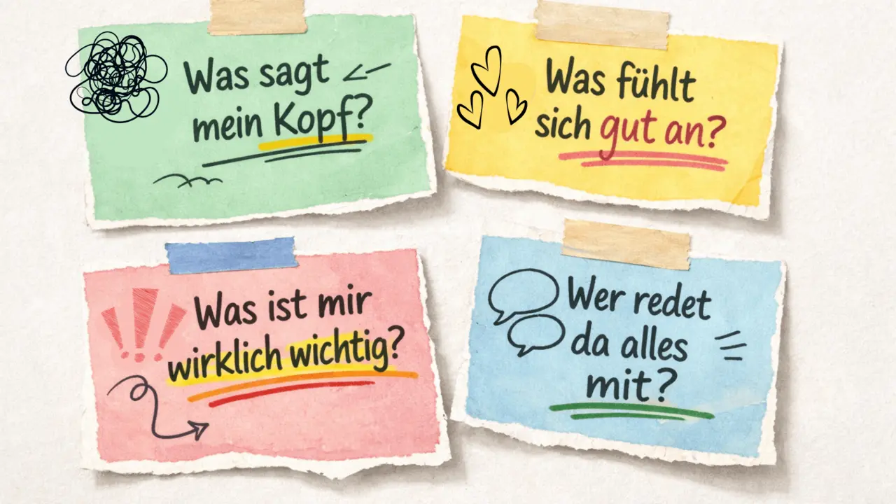 Infografik mit vier Fragen als Hilfe für die nächste Entscheidung: Was denke ich? Was fühlt sich richtig an? Was ist mir wichtig? Was erwarten andere?