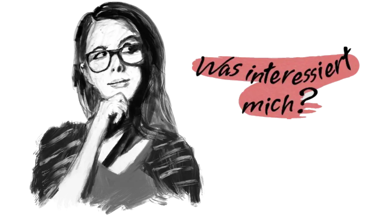 Scribble einer jugendlichen Person und die Frage "Was interessiert mich?"