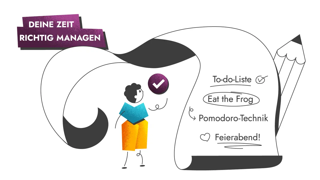 Die Überschrift der Grafik lautet „Deine Zeit richtig managen“. Eine junge Person steht vor einer überdimensionalen To-do-Liste mit den Punkten „To-do-Liste“ (bereits abgehakt), „Eat the Frog“, „Pomodoro-Technik“ und „Feierabend!“.