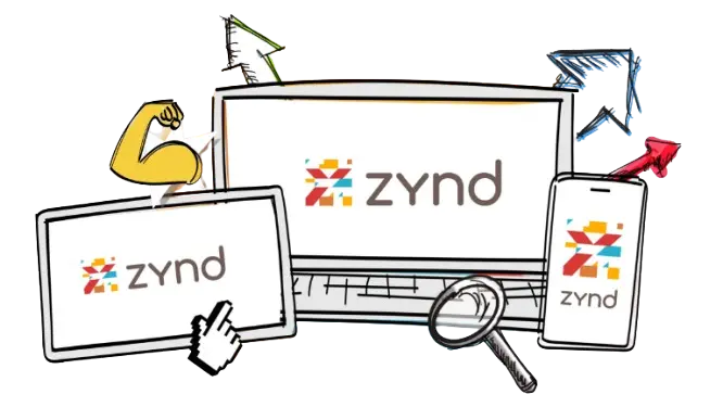 Scribbel von Laptop, Tablet und Handy, die zynd zeigen