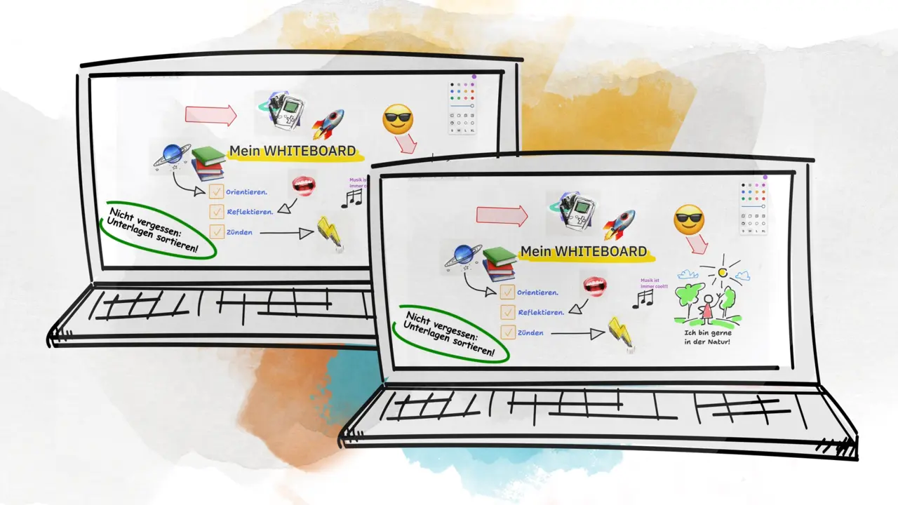 Gescribbelte Laptops, die dasselbe Whiteboard zeigen