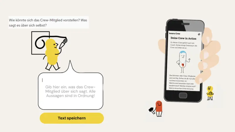 Illustrierte Hand zeigt Handyscreen vom Playlet Innere Crew