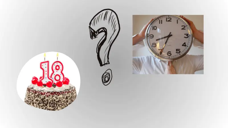 Geburtstagstorte mit einer 18 als Kerze, Mensch, der sich eine große Uhr vors Gesicht hält