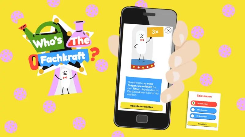 Illustrierte Hand zeigt Startscreen vom Quiz Who's the Fachkraft