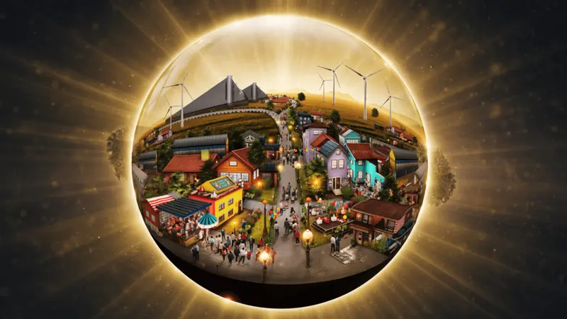 KI-generiertes Bild: Eine mystische, gold leuchtende Glaskugel, in der das „Dorf der Zukunft“ zu sehen ist.
