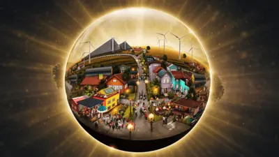 KI-generiertes Bild: Eine mystische, gold leuchtende Glaskugel, in der das „Dorf der Zukunft“ zu sehen ist.