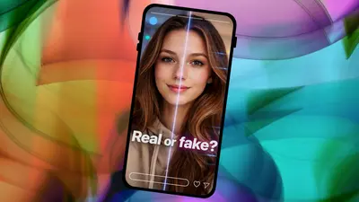 KI-generiertes Bild: Handyscreen zeigt einen geteilten Bildschirm, auf der eine Seite des Gesichts bearbeitet, die andere unbearbeitet ist.