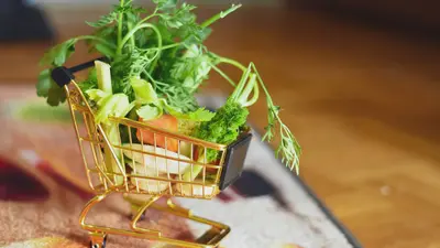 Winziger Einkaufswagen gefüllt mit normalgroßen Kräutern